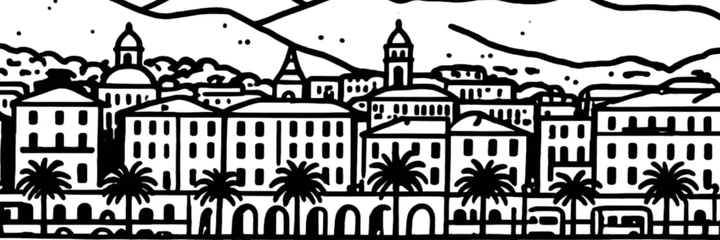 Nice, vue sur la baie des Anges et la colline du Château, illustration au trait