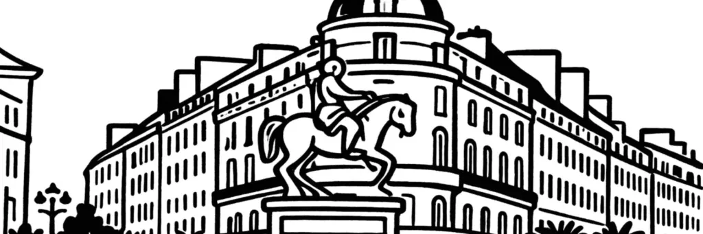 Vue d'Orléans : la cathédrale Sainte-Croix dominant la rue Jeanne d'Arc, la place du Martroi et sa statue équestre de Jeanne d'Arc, les bords de Loire et la rue Royale, illustration au trait