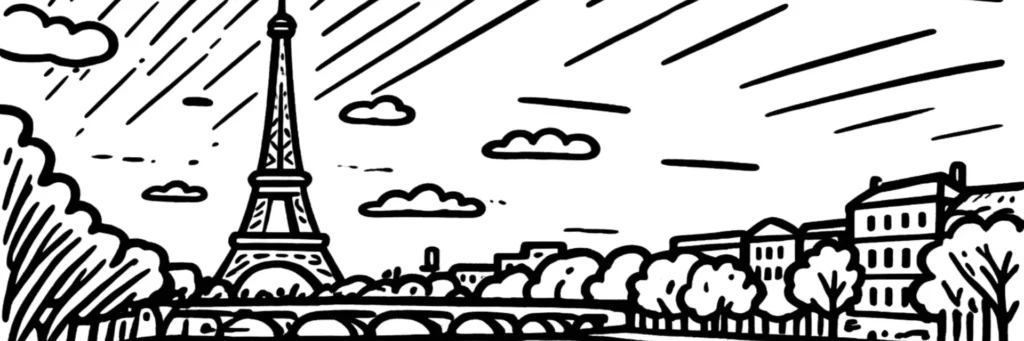 Paris, vue sur les toits en zinc, la Seine et ses monuments, illustration au trait