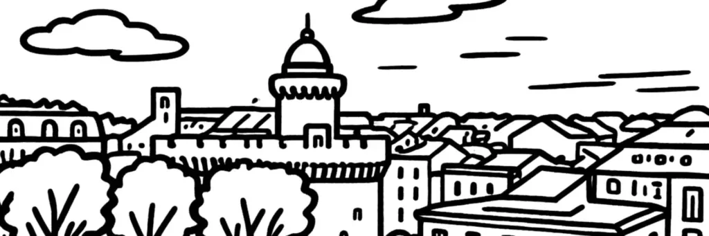Vue de Perpignan : Le Castillet et sa tour de brique rose, la cathédrale Saint-Jean-Baptiste, le Palais des rois de Majorque, la place de la République, la Loge de Mer et la Têt, illustration au trait