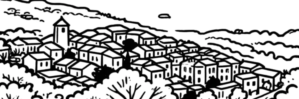Ramatuelle, le village perché et les vignobles de la presqu'île de Saint-Tropez, illustration au trait