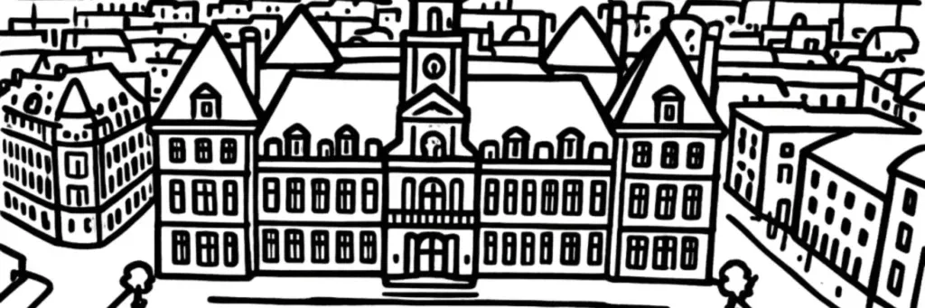Vue de Reims : la cathédrale Notre-Dame, la place Drouet d'Erlon, les Halles du Boulingrin et les maisons de champagne, illustration au trait