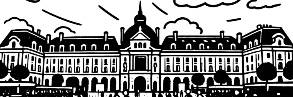 Vue de Rennes : le Parlement de Bretagne, les maisons à pans de bois du centre historique, la place des Lices et la Vilaine, illustration au trait