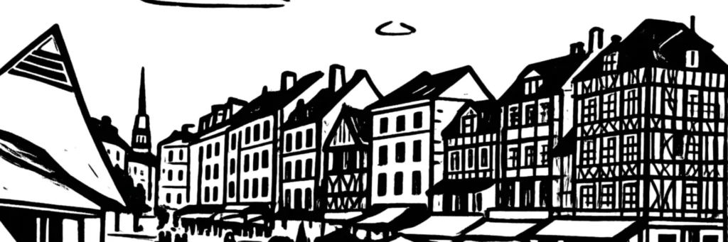 Le quartier Pasteur à Rouen, sur la rive droite à l'ouest du centre, ses rues résidentielles et son tissu de maisons et d'immeubles anciens, la proximité du centre-ville et de la Seine, illustration au trait