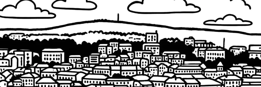 Vue de Saint-Étienne : la Cité du design dans l'ancienne Manufacture d'armes, le puits Couriot et ses chevalements, le stade Geoffroy-Guichard, le tramway et la place Jean Jaurès, illustration au trait