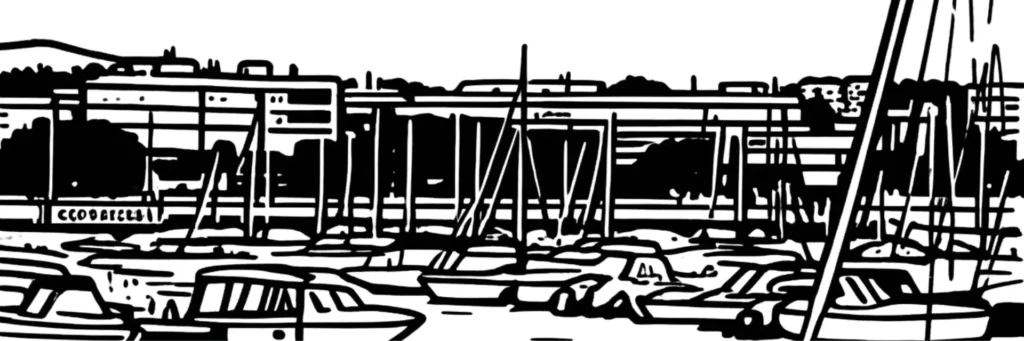 La Tour à Saint-Laurent-du-Var, secteur de standing de l'extrême nord de la commune le long de l'avenue des Tuilières, ses maisons et villas sur les hauteurs, la clinique Tzanck à proximité, illustration au trait