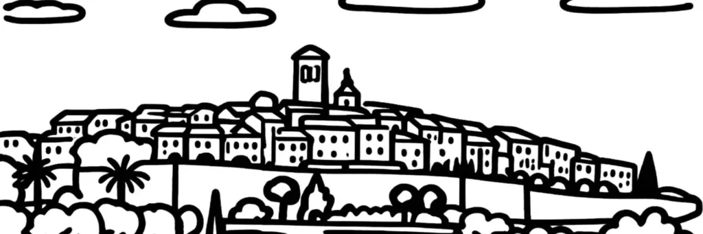 Saint-Paul-de-Vence, le village médiéval perché et ses remparts vus depuis la campagne environnante, illustration au trait