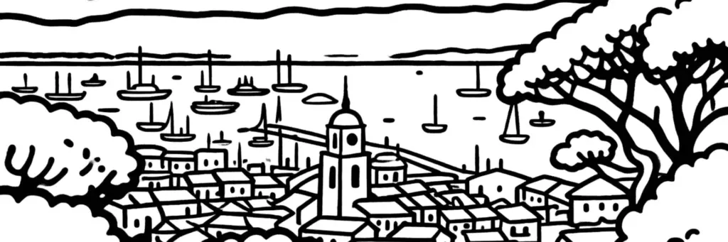 Saint-Tropez, le vieux port et ses maisons colorées vus depuis la jetée, illustration au trait