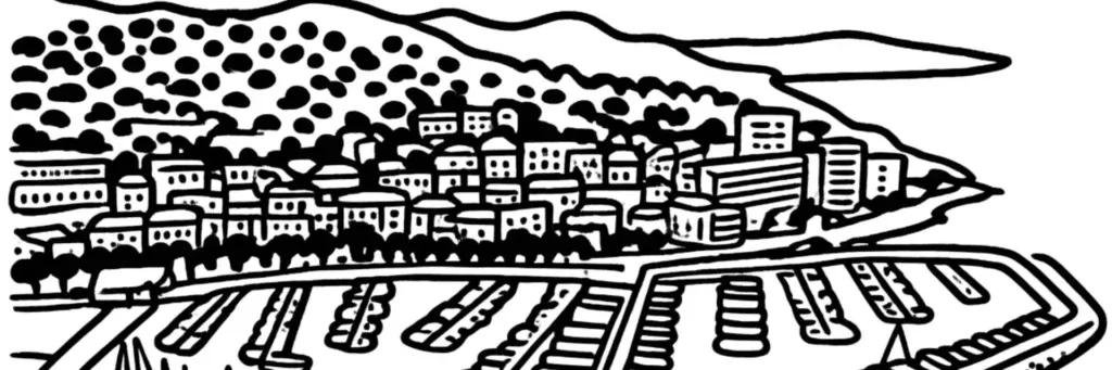 Sainte-Maxime, station balnéaire du Var sur la rive nord du golfe de Saint-Tropez, son port, illustration au trait