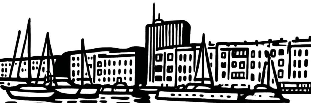 Vue de Toulon : la rade, le Mont Faron, le port et la cathédrale, illustration au trait
