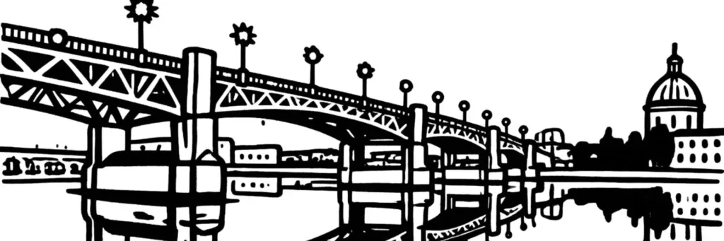 Vue de Toulouse : la place du Capitole, les briques roses, la Garonne et le dôme de La Grave, illustration au trait