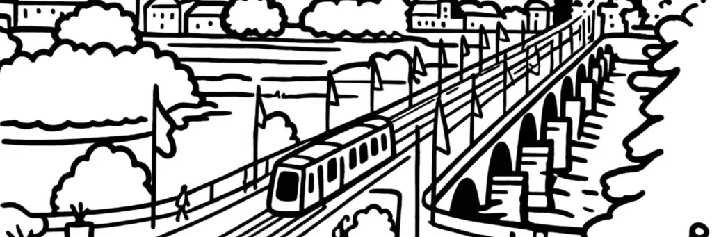 Vue de Tours : la cathédrale Saint-Gatien, la place Plumereau, la Loire et le tramway, illustration au trait