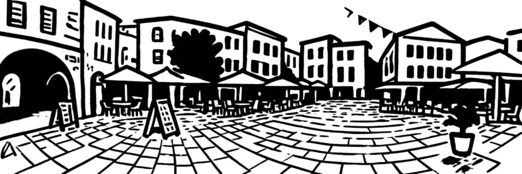 Valbonne, village des Alpes-Maritimes au plan en damier hérité du XVIe siècle, sa place des Arcades, illustration au trait
