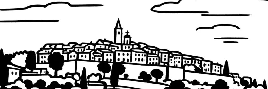 Vence, cité historique de l'arrière-pays niçois adossée aux Baous, ses remparts médiévaux et sa vieille ville de pierre, illustration au trait