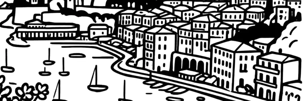 Villefranche-sur-Mer, sa rade profonde et la vieille ville aux maisons colorées descendant vers le port, illustration au trait