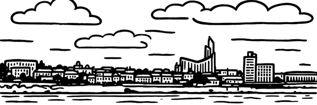 Illustration au trait d'Audenge, son port ostréicole, les cabanes de pêcheurs et le bassin de baignade en eau de mer