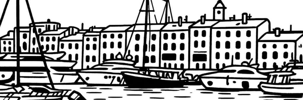 Illustration au trait d'un port de plaisance méditerranéen, voiliers amarrés devant un alignement de façades hautes, évoquant le littoral azuréen de Théoule-sur-Mer
