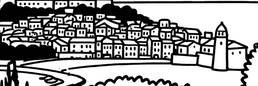 Dessin au trait des immeubles en pyramide de La Grande-Motte face au port de plaisance