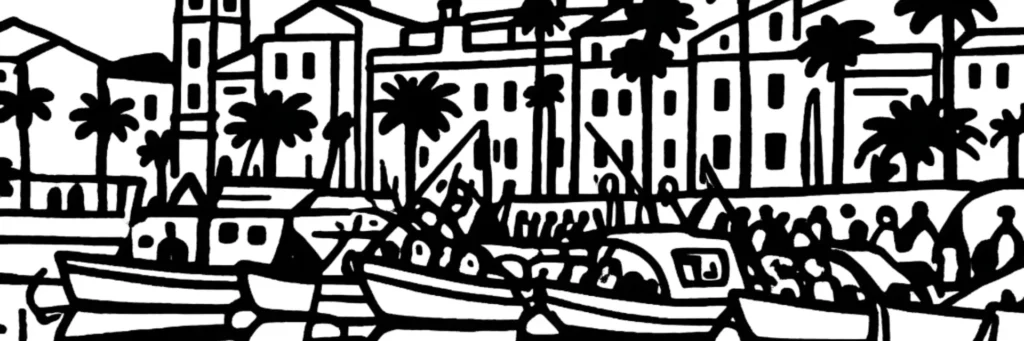 Dessin au trait du port de pêche du Grau-du-Roi, chalutiers à quai et front de mer