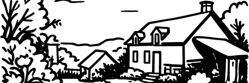 Illustration au trait d'une maison de village et de ses dépendances entourées de haies, évoquant la campagne bourguignonne de Châtillon-sur-Seine