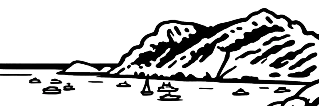 Illustration au trait d'un village du golfe de Saint-Tropez, toits et pins descendant vers une baie, évoquant le cadre de La Croix-Valmer