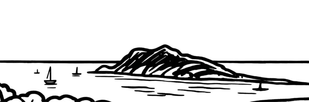 Dessin au trait de la baie de Cavalaire-sur-Mer, plage en arc, voiliers au mouillage et collines des Maures