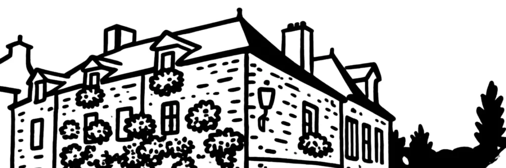 Illustration au trait d'un centre ancien en pierre dominé par un clocher, évoquant le cadre patrimonial d'Amboise