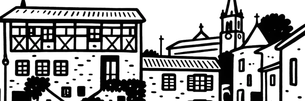 Illustration au trait d'un centre ancien en pierre dominé par un clocher, évoquant la ville haute fortifiée de Saint-Valery-sur-Somme