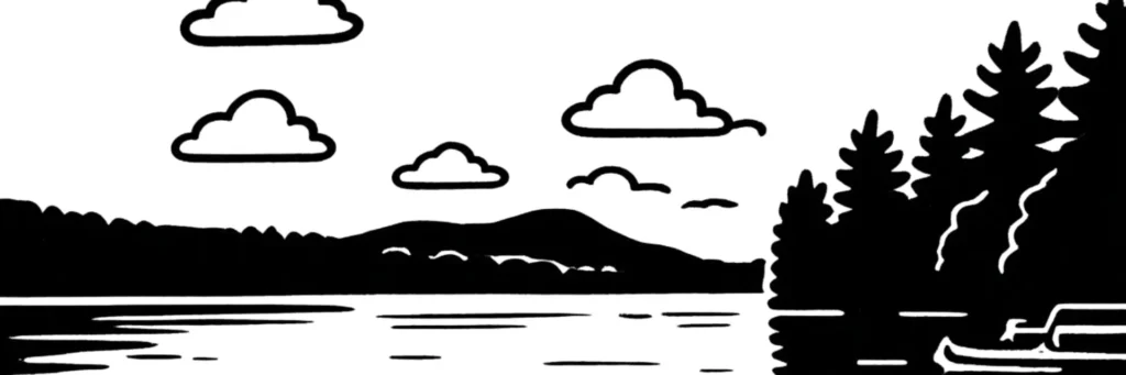 Illustration au trait d'une rive de lac alpin bordée de reliefs boisés, évoquant la situation du Bourget-du-Lac