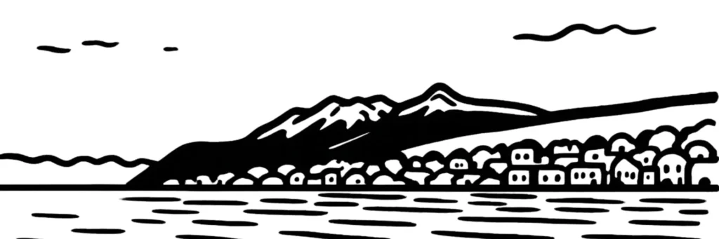 Dessin au trait de Malbuisson : le village en balcon au-dessus du lac de Saint-Point