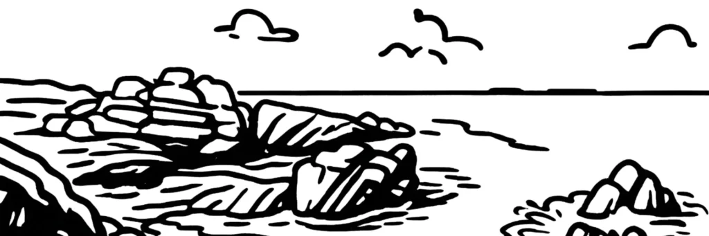 Illustration au trait d'Arzon, la pointe de la presqu'île de Rhuys, le port de plaisance du Crouesty, le village de Port-Navalo et l'entrée du golfe du Morbihan