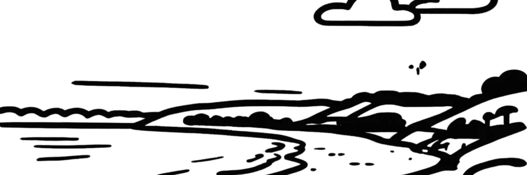 Illustration au trait d'une large baie sableuse bordée d'une pointe boisée, évoquant le littoral breton de Carnac