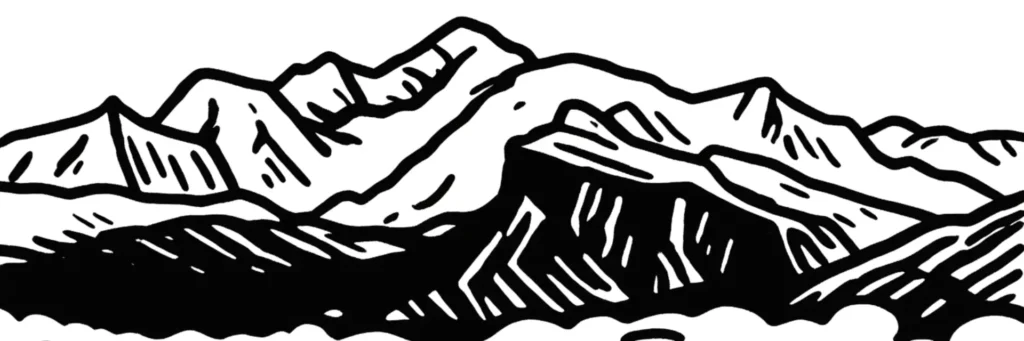 Illustration au trait d'une chaîne de sommets enneigés dominant des versants boisés, évoquant le cadre alpin des Gets