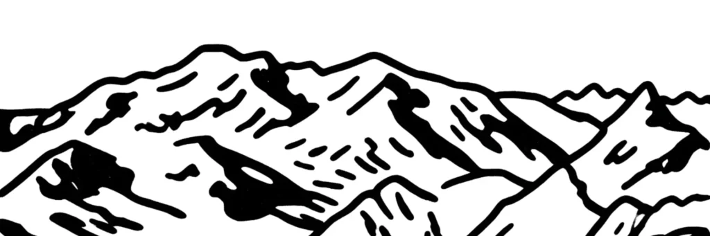 Illustration au trait de sommets enneigés dominant des versants boisés, évoquant le cadre du Grand-Bornand dans les Aravis