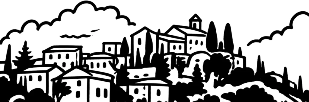 Illustration au trait d'un village perché provençal aux maisons serrées sur un éperon rocheux, évoquant le site du Bar-sur-Loup