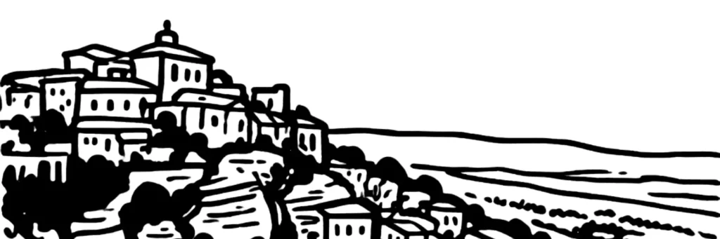 Illustration au trait d'un village perché provençal aux maisons serrées sur une colline, évoquant le site de Ventabren