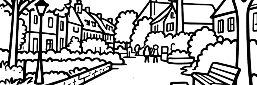 Illustration au trait d'Issy-les-Moulineaux : coteaux, immeubles du Val de Seine, bords de Seine et héliport