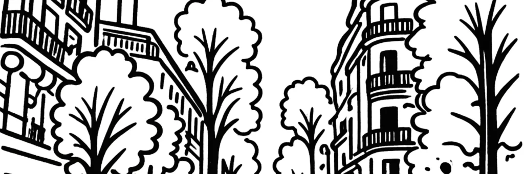Illustration au trait d'une rue bordée d'immeubles à balcons et d'arbres, évoquant le cadre résidentiel de L'Isle-Adam
