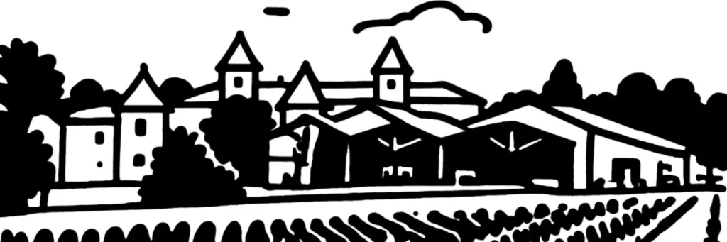 Illustration au trait de Fontaine-lès-Dijon, la butte et la basilique Saint-Bernard, les toits de la commune et la campagne bourguignonne aux portes de Dijon