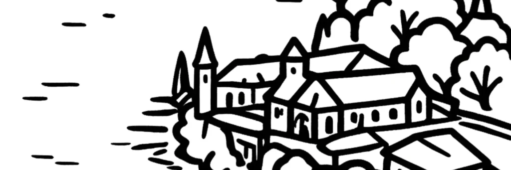 Illustration au trait d'Aix-les-Bains, au bord du lac du Bourget : le casino Grand Cercle, les thermes, illustration au trait