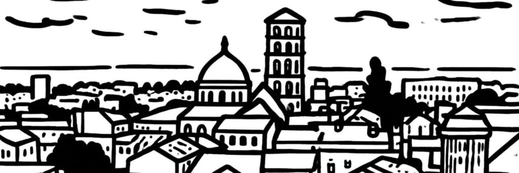 Illustration au trait d'Angoulême, en Charente : le Plateau ceint de remparts, illustration au trait