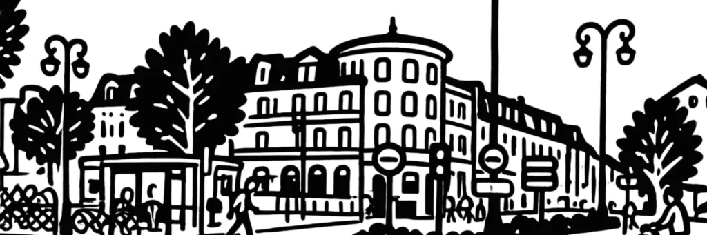 Vue d'Antony, sous-préfecture des Hauts-de-Seine au sud de Paris : la lisière du parc de Sceaux au nord, les trois gares du RER B (Antony, Fontaine-Michalon, Les Baconnets), l'Orlyval reliant l'aéroport d'Orly, la rue Auguste-Mounié et le marché du centre-ville, les secteurs pavillonnaires de Velpeau et de la Croix de Berny, et la vallée de la Bièvre, illustration au trait