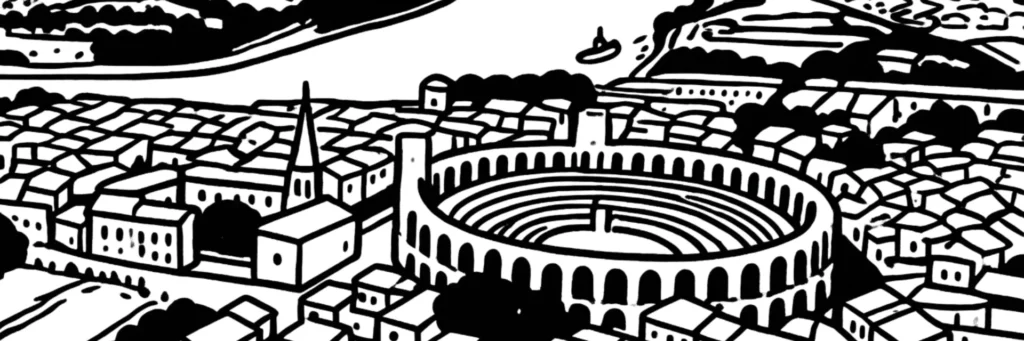 Illustration au trait d'Arles, en Camargue dans les Bouches-du-Rhône : les arènes romaines, illustration au trait