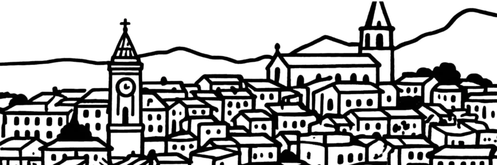 Vue d'Aubagne, dans les Bouches-du-Rhône, entre Marseille et le massif de la Sainte-Baume : le centre ancien autour du cours Foch et de la halle, l'Huveaune, les collines du Garlaban chères à Marcel Pagnol, les ateliers de santonniers et de céramistes, la gare et le tramway, au pied des reliefs de Provence, illustration au trait