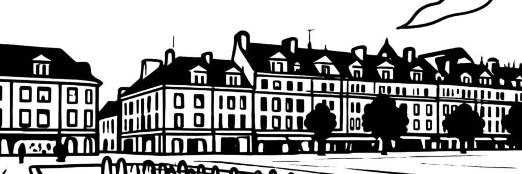 Illustration au trait du quartier de Tilloy à l'est de Beauvais : un secteur résidentiel, ses maisons et ses immeubles dans un cadre calme, illustration au trait