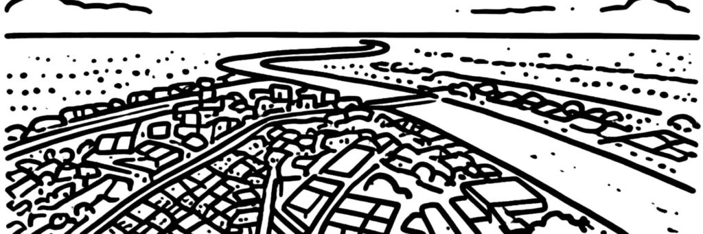 Illustration au trait de Bègles, sur la rive gauche de la Garonne au sud de Bordeaux, illustration au trait