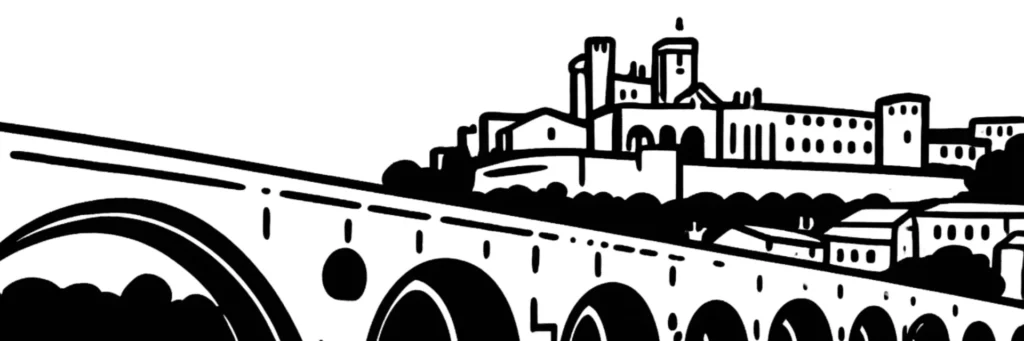 Le quartier du Capiscol à Béziers, sur la rive droite de l'Orb, ses zones commerciales et sa zone industrielle, ses secteurs pavillonnaires et ses équipements sportifs, illustration au trait
