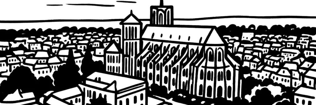 Illustration au trait du secteur de la Gare à Bourges, avec la gare SNCF, l'avenue Henri Laudier bordée de commerces et un tissu urbain mêlant immeubles et maisons de ville, illustration au trait
