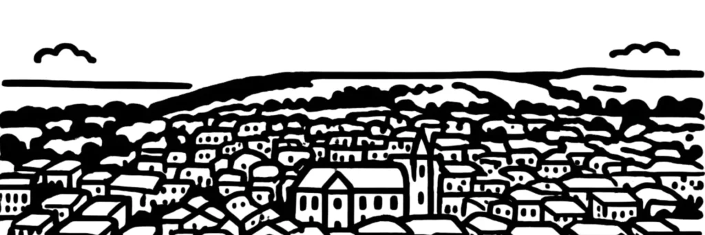 Illustration au trait de Bourgoin-Jallieu, dans le Nord-Isère : les toits du centre ancien, illustration au trait