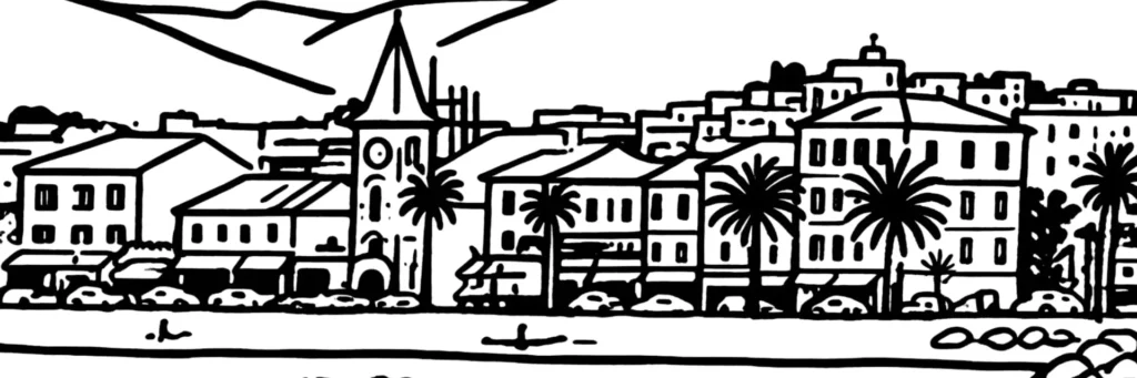 Le quartier du Val Fleuri à Cagnes-sur-Mer, les collines résidentielles au-dessus du centre, les villas provençales dans la verdure, la vue sur la Baie des Anges et la Méditerranée, illustration au trait